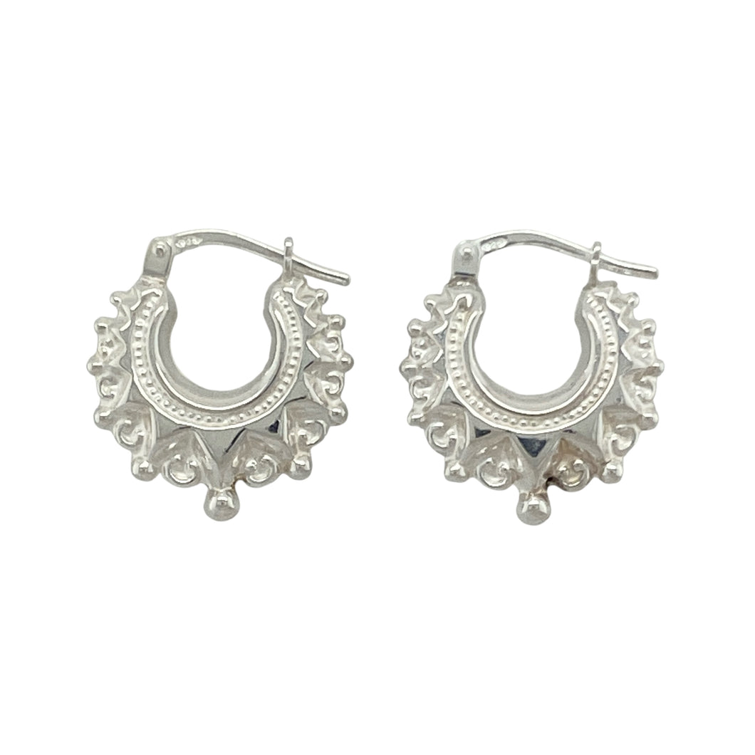 New 925 Silver 15mm Small Fancy Round Creole Earrings