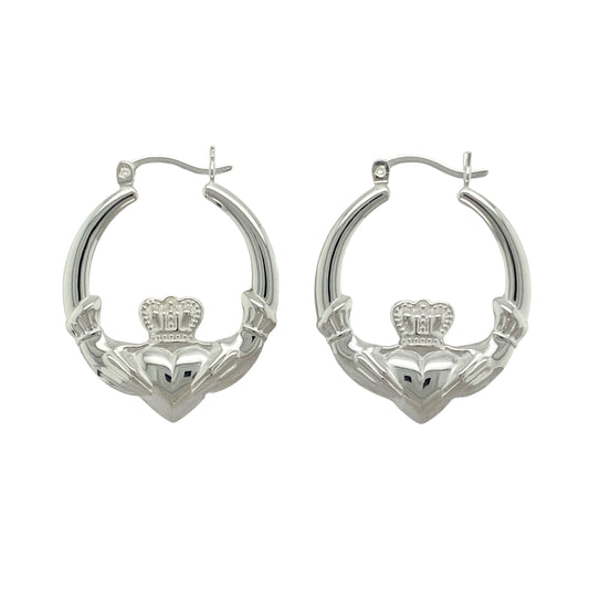 New 925 Silver Large Round Claddagh Creole Earrings