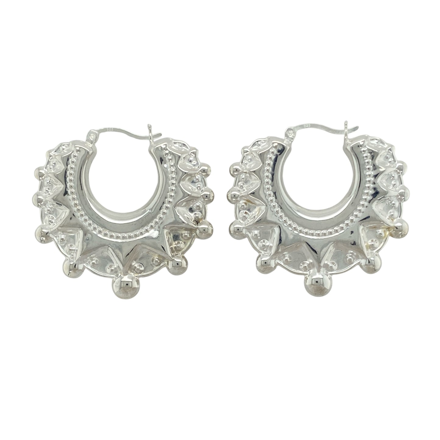 New 925 Silver Large Fancy Round Creole Earrings