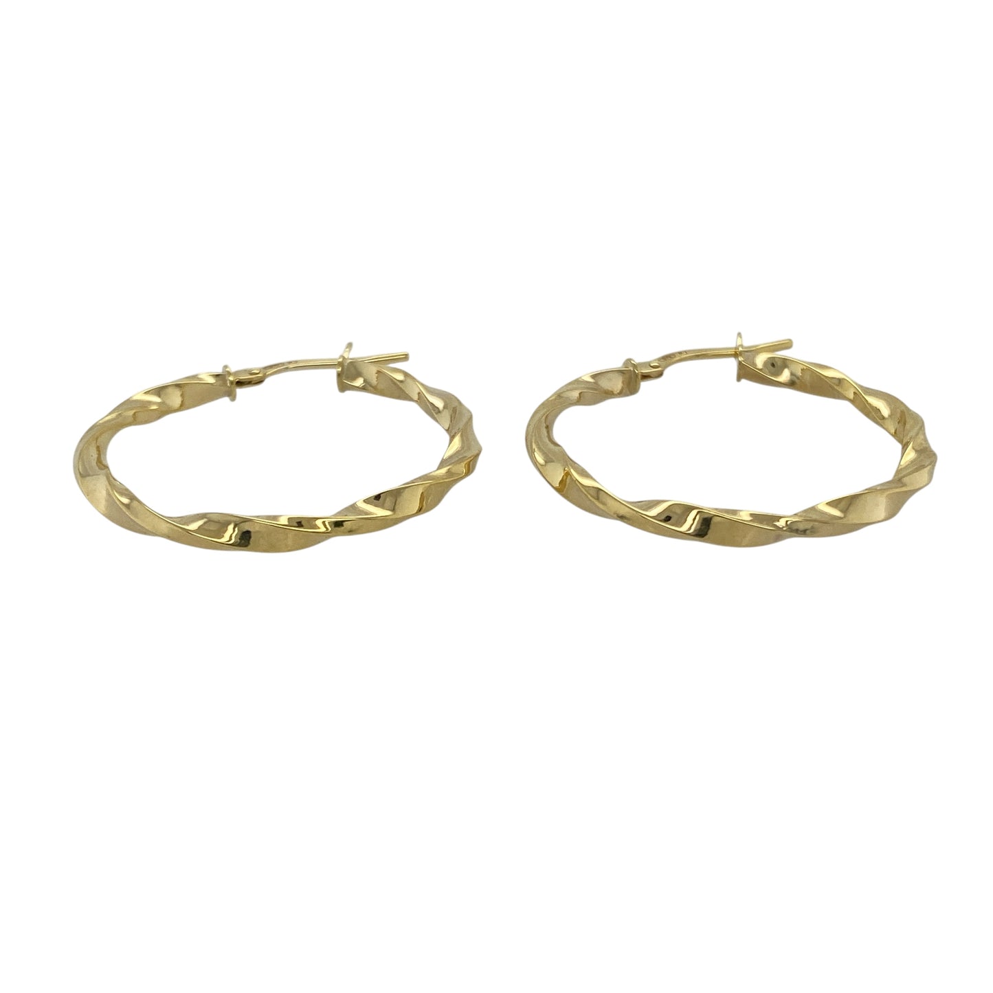 Bring warm elegance and modern texture to your collection with these new 9ct yellow gold twisted hoop creole earrings, offering a stylish design and timeless shine—perfect for adding a refined touch to any look.

Design: The earrings feature a sleek twisted hoop creole style, measuring approximately 25mm in diameter. The twisted detailing creates a dynamic, eye-catching effect that adds depth and movement.
