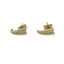 Load image into Gallery viewer, Bring refined sparkle and modern elegance to your collection with these pre-owned 9ct yellow gold and cubic zirconia set curved stud earrings, offering a sleek design and delicate brilliance—perfect for adding a sophisticated touch to any look.

Design: The earrings feature a stylish curved design set with shimmering cubic zirconia stones, creating a graceful, flowing silhouette that hugs the ear beautifully. Their contemporary shape makes them versatile and eye-catching.

