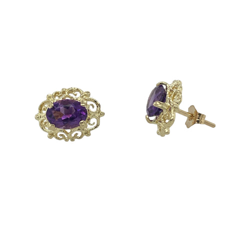 9ct Gold & Amethyst Set Patterned Stud Earrings