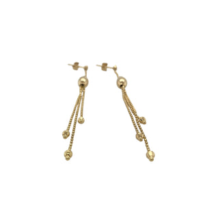 Bring elegant movement and timeless shine to your collection with these pre-owned 9ct yellow gold bead drop stud earrings, offering a refined blend of classic sophistication and graceful style—perfect for making a statement.

Design: Each earring features a polished bead drop design with an impressive length of 8.8cm, creating an eye-catching, flowing silhouette that moves beautifully with every step.
