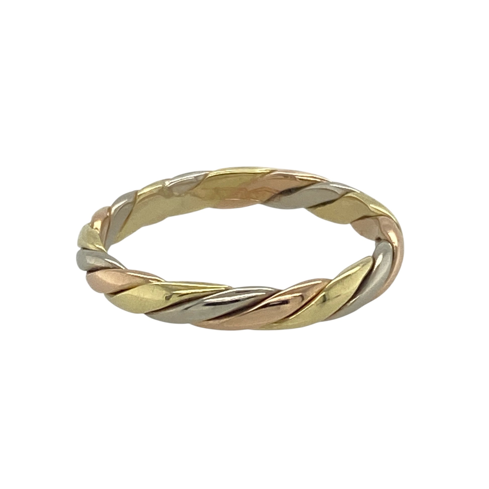 Bring modern elegance and symbolic beauty to your collection with this pre-owned 18ct white, yellow, and rose gold twisted band ring, offering a striking blend of tones and timeless sophistication — perfect for marking special moments or everyday style.

Design: This unique 3mm band features an elegant twisted design, intertwining white, yellow, and rose gold to create a fluid, harmonious look that stands out beautifully.
