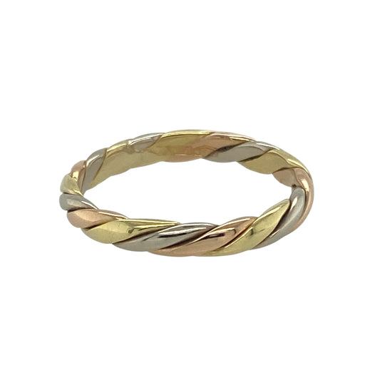 Bring modern elegance and symbolic beauty to your collection with this pre-owned 18ct white, yellow, and rose gold twisted band ring, offering a striking blend of tones and timeless sophistication — perfect for marking special moments or everyday style.

Design: This unique 3mm band features an elegant twisted design, intertwining white, yellow, and rose gold to create a fluid, harmonious look that stands out beautifully.