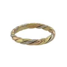 Load image into Gallery viewer, Bring modern elegance and symbolic beauty to your collection with this pre-owned 18ct white, yellow, and rose gold twisted band ring, offering a striking blend of tones and timeless sophistication — perfect for marking special moments or everyday style.

Design: This unique 3mm band features an elegant twisted design, intertwining white, yellow, and rose gold to create a fluid, harmonious look that stands out beautifully.
