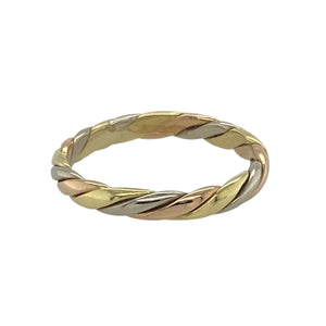 Bring modern elegance and symbolic beauty to your collection with this pre-owned 18ct white, yellow, and rose gold twisted band ring, offering a striking blend of tones and timeless sophistication — perfect for marking special moments or everyday style.

Design: This unique 3mm band features an elegant twisted design, intertwining white, yellow, and rose gold to create a fluid, harmonious look that stands out beautifully.