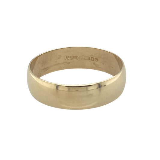 Bring classic warmth and timeless simplicity to your collection with this pre-owned 9ct yellow gold wedding band ring, offering a traditional glow and elegant presence — perfect for marking life’s most meaningful moments.

Design: This bold 6mm band features a wide, classic silhouette designed to make a confident and refined statement whether worn alone or paired with other rings.
 