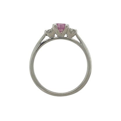 18ct White Gold Diamond & Pink Sapphire Set Trilogy Ring