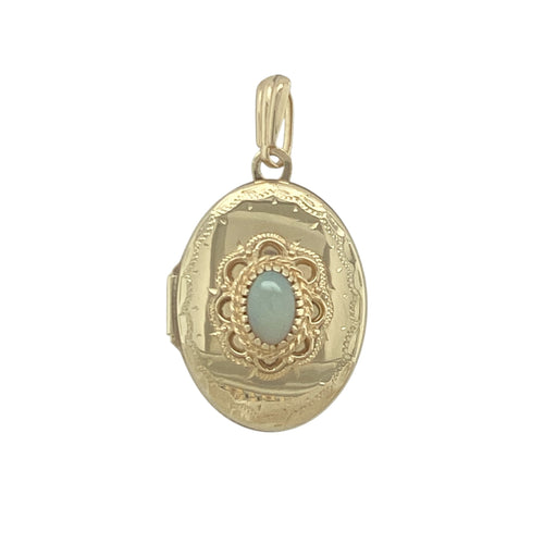 9ct Gold & Opal Set Oval Patterned Locket
