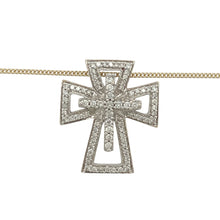 Load image into Gallery viewer, Bring graceful detail and meaningful sparkle to your collection with this pre-owned 9ct yellow gold and diamond set open fancy cross pendant necklace—an elegant design blending timeless symbolism with delicate brilliance.

Design: The pendant measures 2.7cm in length and features an openwork fancy cross design with flowing curves and diamond accents, creating a refined and decorative silhouette.

