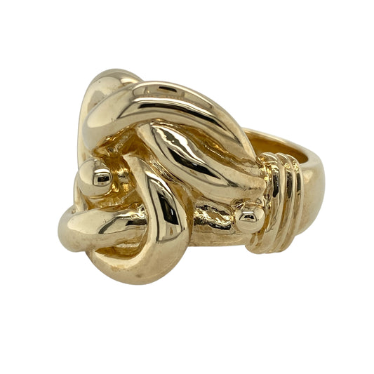 Make a bold statement with this pre-owned 9ct yellow gold large solid knot ring—substantial, striking, and full of sculptural presence.

Design: The front of the ring measures 25mm high and features an oversized, solid gold knot design, offering dramatic curves and a strong visual impact.
Material: Made from 9-carat yellow gold, the high-polish finish enhances the fluid form and adds rich, radiant shine.
