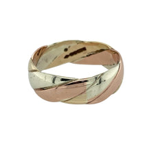 Load image into Gallery viewer, Elegant and versatile, this pre-owned 9ct yellow, white, and rose gold twist band ring features a timeless trinity design—perfect for everyday wear or symbolising unity and balance.

Design: The ring showcases a 6mm wide band with a smooth, twisted design that interweaves yellow, white, and rose gold strands for a flowing, dimensional look.
Material: Made from 9-carat gold in three tones, the polished finish enhances the gentle contrast between the metals for a refined and harmonious effect.

