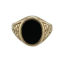 Load image into Gallery viewer, 9ct Gold &amp; Onyx Set Flower Patterned Oval Signet Ring
