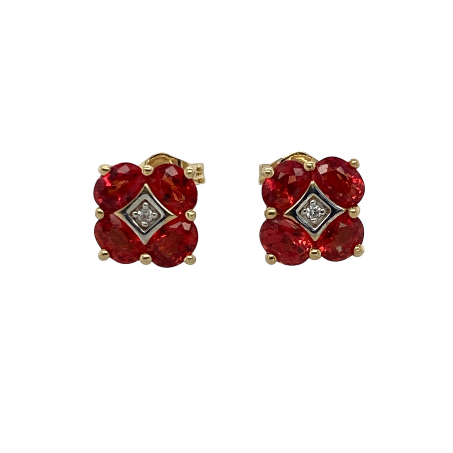 Bring warm colour and classic sparkle to your jewellery collection with these pre-owned 10ct yellow gold diamond and red/dark orange stone cluster stud earrings—perfect for elegant everyday wear or special occasions.

Design: Each earring features a 4mm by 3mm red/dark orange stone at the centre, surrounded by a cluster of sparkling diamonds for added brilliance and contrast.
