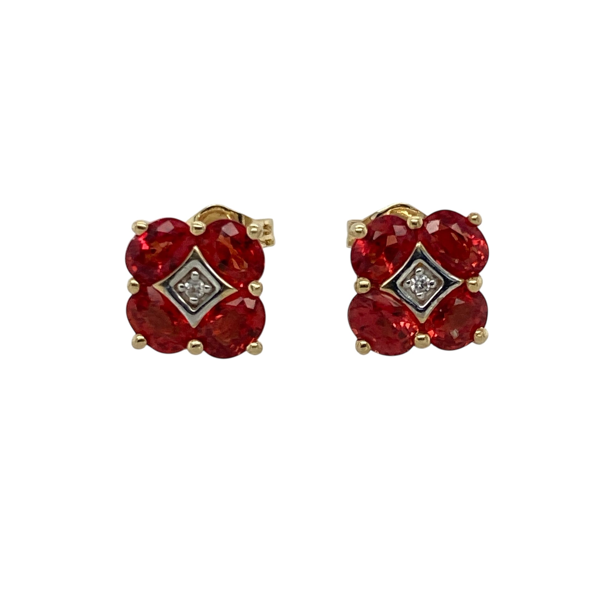 Bring warm colour and classic sparkle to your jewellery collection with these pre-owned 10ct yellow gold diamond and red/dark orange stone cluster stud earrings—perfect for elegant everyday wear or special occasions.

Design: Each earring features a 4mm by 3mm red/dark orange stone at the centre, surrounded by a cluster of sparkling diamonds for added brilliance and contrast.

