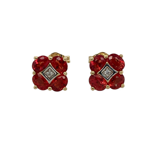 Bring warm colour and classic sparkle to your jewellery collection with these pre-owned 10ct yellow gold diamond and red/dark orange stone cluster stud earrings—perfect for elegant everyday wear or special occasions.

Design: Each earring features a 4mm by 3mm red/dark orange stone at the centre, surrounded by a cluster of sparkling diamonds for added brilliance and contrast.
