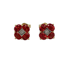 Load image into Gallery viewer, Bring warm colour and classic sparkle to your jewellery collection with these pre-owned 10ct yellow gold diamond and red/dark orange stone cluster stud earrings—perfect for elegant everyday wear or special occasions.

Design: Each earring features a 4mm by 3mm red/dark orange stone at the centre, surrounded by a cluster of sparkling diamonds for added brilliance and contrast.

