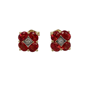 Bring warm colour and classic sparkle to your jewellery collection with these pre-owned 10ct yellow gold diamond and red/dark orange stone cluster stud earrings—perfect for elegant everyday wear or special occasions.

Design: Each earring features a 4mm by 3mm red/dark orange stone at the centre, surrounded by a cluster of sparkling diamonds for added brilliance and contrast.
