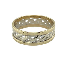Load image into Gallery viewer, Bring symbolic design and timeless elegance to your jewellery collection with this pre-owned 9ct yellow and white gold Celtic weave open band ring—perfect for everyday wear or special occasions.

Design: The ring features a 6mm wide open band with an intricate Celtic weave pattern, symbolising eternity and interconnectedness.
Material: Made from 9-carat yellow and white gold, the polished finish enhances the mixed-metal design and highlights the detailed pattern.

