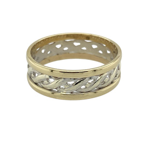 Bring symbolic design and timeless elegance to your jewellery collection with this pre-owned 9ct yellow and white gold Celtic weave open band ring—perfect for everyday wear or special occasions.

Design: The ring features a 6mm wide open band with an intricate Celtic weave pattern, symbolising eternity and interconnectedness.
Material: Made from 9-carat yellow and white gold, the polished finish enhances the mixed-metal design and highlights the detailed pattern.
