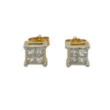 Load image into Gallery viewer, Bring timeless sparkle and refined style to your collection with these pre-owned 18ct yellow gold diamond princess cut stud earrings—perfect for both everyday wear and special occasions.

Design: Each stud features four princess cut diamonds arranged closely together to create the illusion of one larger square stone, offering brilliance and a contemporary edge.
Material: Made from 18-carat yellow gold, the polished finish complements the bright sparkle of the diamonds while adding warmth and elegance.

