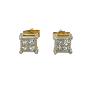 Bring timeless sparkle and refined style to your collection with these pre-owned 18ct yellow gold diamond princess cut stud earrings—perfect for both everyday wear and special occasions.

Design: Each stud features four princess cut diamonds arranged closely together to create the illusion of one larger square stone, offering brilliance and a contemporary edge.
Material: Made from 18-carat yellow gold, the polished finish complements the bright sparkle of the diamonds while adding warmth and elegance.
