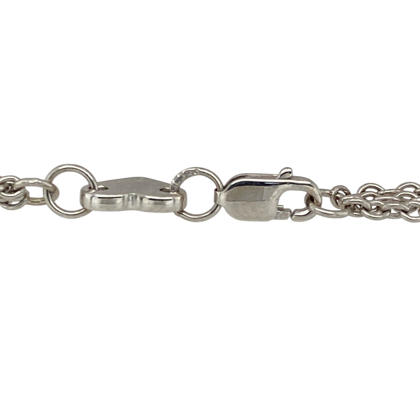 Bring symbolic elegance and sparkling detail to your collection with this pre-owned 9ct white gold diamond multi-strand bracelet—featuring four infinity heart charms for a meaningful and stylish look.

Design: The 7" bracelet is composed of multiple fine strands, each adorned with diamond-accented infinity heart charms that symbolise eternal love and connection.
Material: Made from 9-carat white gold, the polished finish enhances the brilliance of the diamonds and adds a sleek, modern touch.
