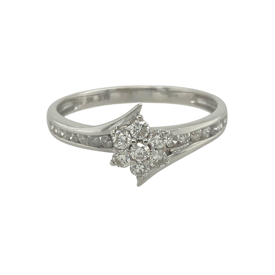 9ct White Gold & Diamond Set Flower Cluster Twist Ring
