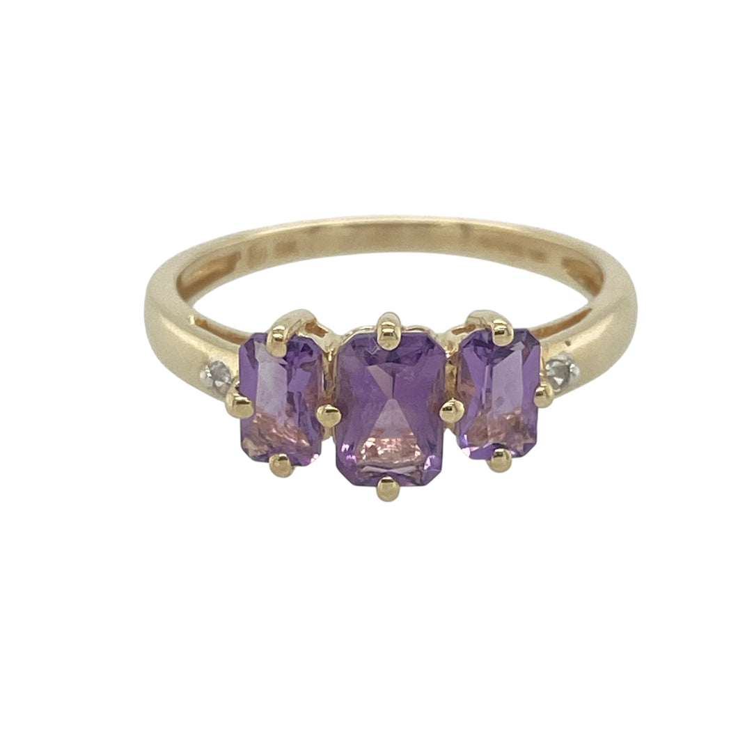 9ct Gold Diamond & Amethyst Set Trilogy Ring