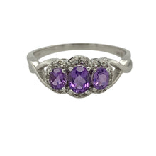 Load image into Gallery viewer, 9ct White Gold Diamond &amp; Amethyst Set Trilogy Halo Ring
