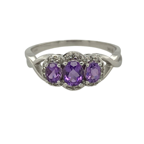 9ct White Gold Diamond & Amethyst Set Trilogy Halo Ring