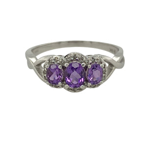 9ct White Gold Diamond & Amethyst Set Trilogy Halo Ring