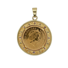 Load image into Gallery viewer, Bring heritage style and elegant detail to your collection with this pre-owned 9ct yellow gold pendant mount set with diamonds and amethysts, holding a 22ct gold Queen Elizabeth II half sovereign coin dated 2003—perfect as a collector’s piece or statement accessory.

Design: The pendant features a 22ct gold half sovereign coin framed within a decorative 9ct gold mount, accented by sparkling diamonds and rich purple amethysts for added colour and brilliance.

