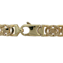 Load image into Gallery viewer, Bring bold luxury and intricate craftsmanship to your collection with this pre-owned 9ct yellow gold Byzantine style chain, offering a substantial weight with timeless elegance—perfect as a standout statement piece.

Design: The chain measures 22&quot; in length with a 9mm link width, showcasing the distinctive interwoven Byzantine link pattern for depth and texture.
Material: Made from solid 9-carat yellow gold, the polished finish enhances the complex design with a rich golden shine.

