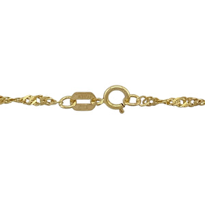 Bring delicate shine to your collection with this pre-owned 9ct yellow gold Singapore chain, a lightweight and elegant design—perfect for everyday wear or pairing with a pendant.

Design: The chain features twisted Singapore links, measuring 2mm in width for a refined and graceful look.
Material: Made from 9-carat yellow gold, the polished finish provides warmth, durability, and lasting shine.
