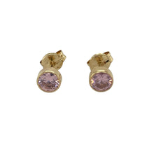 Load image into Gallery viewer, Bring a touch of delicate colour and subtle charm to your collection with these pre-owned 9ct yellow gold pink stone stud earrings—perfect for everyday elegance or a graceful finishing touch.

Design: Each earring showcases a round pink stone measuring 4mm in diameter, secured in a simple stud style that allows the vibrant colour to stand out.
Material: Made from 9-carat yellow gold, the polished finish enhances the warm tone of the gold and complements the soft pink of the stones.
