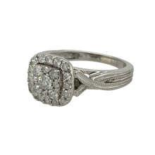 Load image into Gallery viewer, Bring brilliance and vintage-inspired elegance to your collection with this pre-owned 9ct white gold diamond halo cluster ring—a sparkling design with timeless appeal.

Design: The ring features a 10mm high halo cluster set with diamonds, framed by twisted milgrain edge shoulders for added texture and vintage charm.
Material: Made from 9-carat white gold, the polished finish enhances the bright tone and complements the sparkle of the diamonds.
