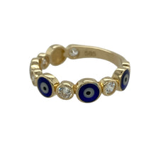 Load image into Gallery viewer, Add symbolic style and vibrant detail to your collection with this pre-owned 14ct yellow gold band ring, featuring alternating enamel evil eyes and sparkling cubic zirconia for a unique and meaningful design.

Design: The ring displays a continuous band of enamel evil eye motifs, each approximately 4mm in diameter, interspersed with round cubic zirconia stones measuring 3mm, creating a striking and protective pattern.
