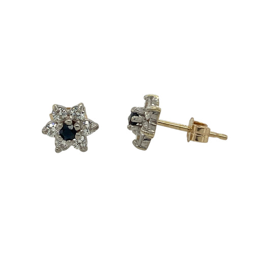 9ct Gold Sapphire & Cubic Zirconia Set Flower Stud Earrings