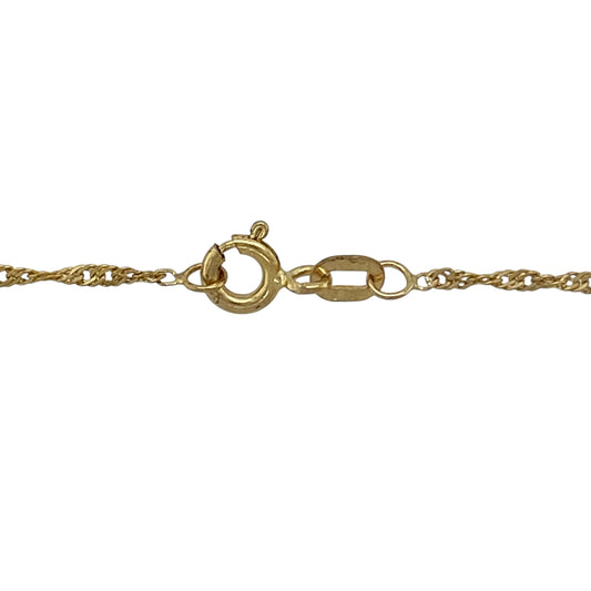 Bring subtle detail and golden shine to your collection with this pre-owned 9ct yellow gold necklace, styled with ball accents on a classic Singapore chain.

Design: The 18" chain features polished 3mm gold balls spaced evenly along the twisted Singapore design, creating a refined and eye-catching look.
Material: Made from 9-carat yellow gold, the polished finish enhances the warm tone and intricate chain style.