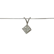 Load image into Gallery viewer, Celebrate timeless elegance with this pre-owned 14ct white gold princess cut diamond solitaire pendant, paired with an 18&quot; fine box chain for a refined and classic look.

Design: The pendant measures 1.5cm long including the bail and showcases a single princess cut diamond of approximately 0.75ct in a solitaire style.
Material: Made in 14-carat white gold, the polished finish enhances the diamond’s brilliance and provides a sleek, modern setting.
