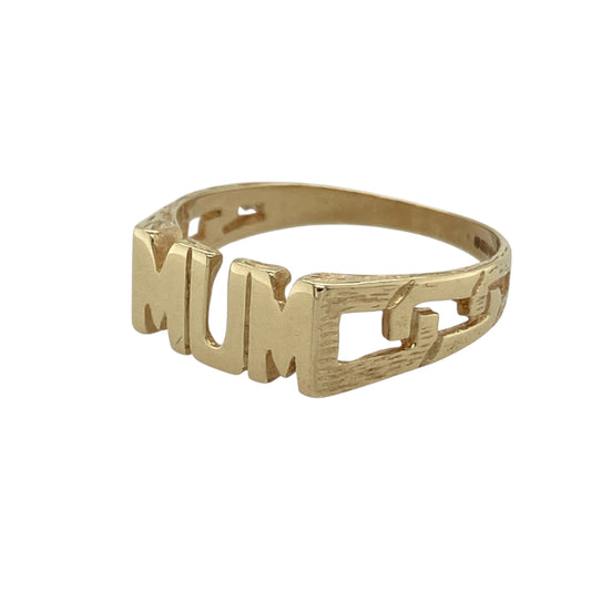Celebrate love and family with this pre-owned 9ct yellow gold “Mum” ring, a meaningful design with classic style.

Design: The ring features the word “Mum” across the front, measuring 6mm high, with open curb-style shoulders adding character to the design.
Material: Made in 9-carat yellow gold, the polished finish provides a warm golden tone for timeless appeal.
Ring Detail: Lightweight and sentimental, this ring is a beautiful way to show appreciation and love.
