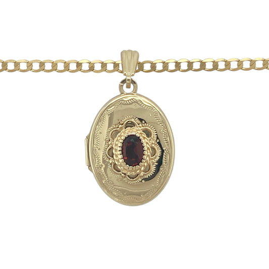 Bring sentimental elegance and rich colour to your collection with this pre-owned 9ct yellow gold oval locket necklace, accented with a deep red garnet for a timeless finish.

Design: The pendant measures 3cm long including the bail and features an oval locket with a patterned surface, highlighted by a 6mm by 4mm oval garnet stone for a touch of vibrant colour.
Material: Made from 9-carat yellow gold, the polished finish enhances the detailed pattern and frames the gemstone with warmth and refinement.