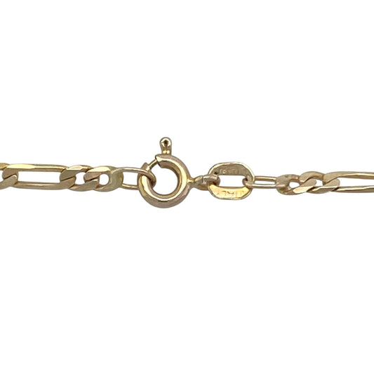 Bring classic design and versatile style to your collection with this pre-owned 9ct yellow gold Figaro chain, a timeless piece perfect for layering or wearing as a statement on its own.

Design: The chain measures 30" in length with 2mm wide Figaro links, featuring the traditional alternating pattern of long and short links for a distinctive look.
Material: Made from 9-carat yellow gold, the polished finish enhances the link design with a warm and refined glow.