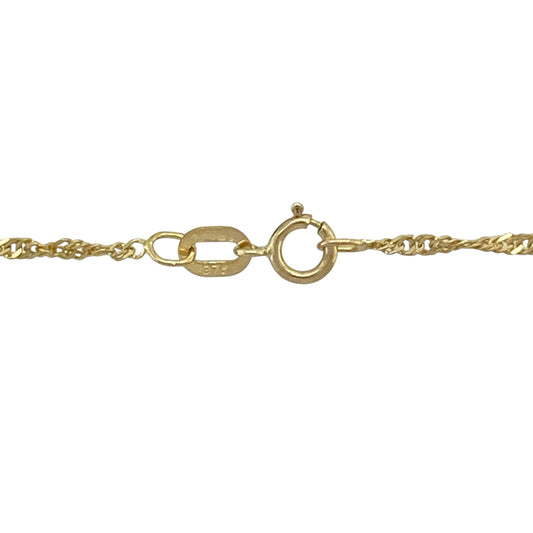 Bring subtle sparkle and refined detail to your collection with this pre-owned 9ct yellow gold ball and Singapore chain necklace, a versatile piece that combines elegant texture with timeless appeal.

Design: The necklace features an 18-inch Singapore chain accented with polished 3mm gold balls, creating movement and light-catching detail throughout.
Material: Made from 9-carat yellow gold, the polished finish enhances the chain’s twisted design and warm golden glow.