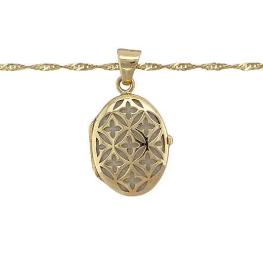 Bring sentiment and timeless style to your collection with this pre-owned 9ct yellow gold cut-out patterned oval locket pendant on a 20-inch Singapore chain—a meaningful piece perfect for keeping memories close.

Design: The necklace features an oval-shaped locket with intricate cut-out patterning, creating a detailed and elegant finish with personal significance.
Material: Made from 9-carat yellow gold, the polished surface enhances the locket’s intricate design and warm golden glow.