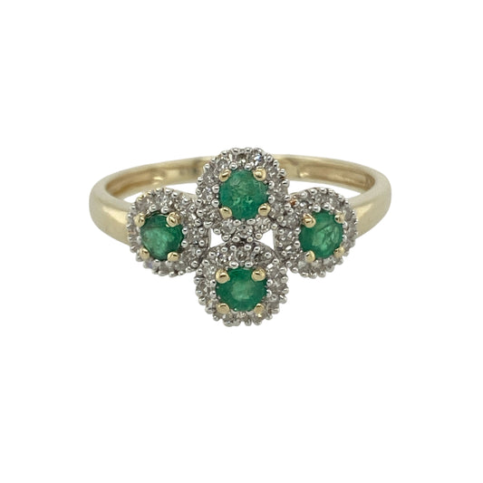 9ct Gold Diamond & Emerald Set Four Cluster Ring