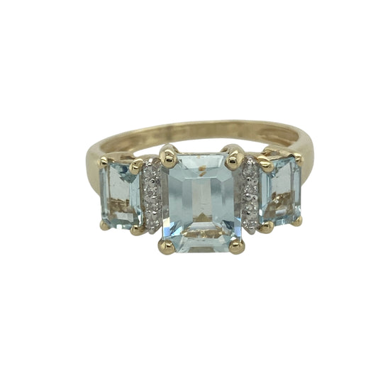 9ct Gold Diamond & Aqua Set Trilogy Ring