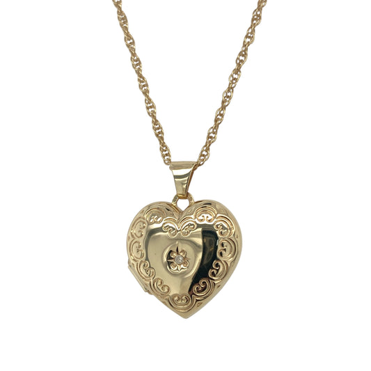 9ct Gold & Diamond Set Patterned Heart Locket 18" Necklace